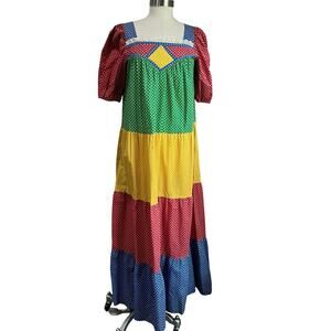 70~80's USA Flower Motif Pattern Colorful Tiered Union Made Chore Dress Sz L